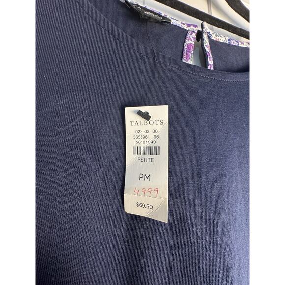 Talbots Puff Sleeve Floral Knit Blouse Navy Button PM Petites - Picture 3 of 4